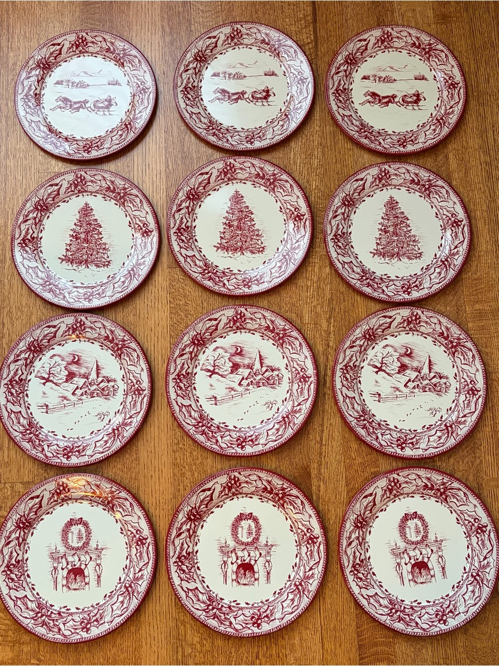 Lot 12 Restoration Hardware Vintage Holiday Tin Plates 10" Christmas Red Toile